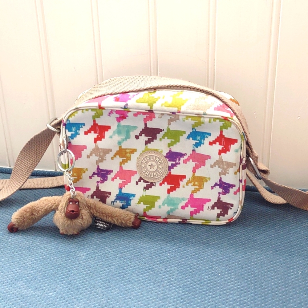 Kipling Multi-Color Houndstooth Crossbody with Beige Strap